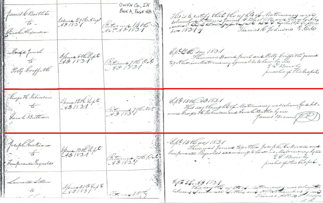 Marriage Record, Owen County Indiana Sept. 15, 1831